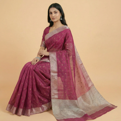 Burgundy Colour Stone Work & Zari Butti Design Organza Saree
