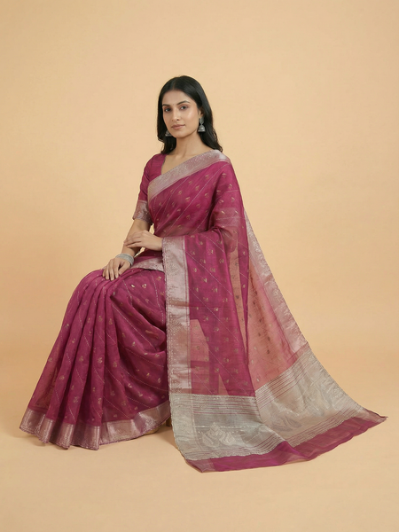 Burgundy Colour Stone Work & Zari Butti Design Organza Saree
