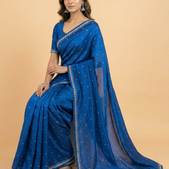 Bold Blue Crepe Silk Saree With Stone Work