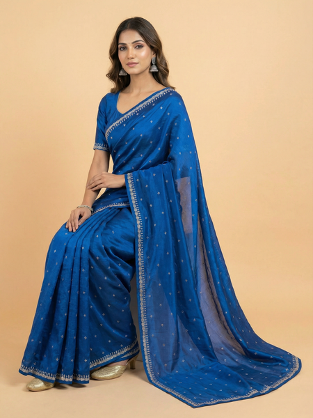 Bold Blue Crepe Silk Saree With Stone Work