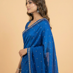 Bold Blue Crepe Silk Saree With Stone Work