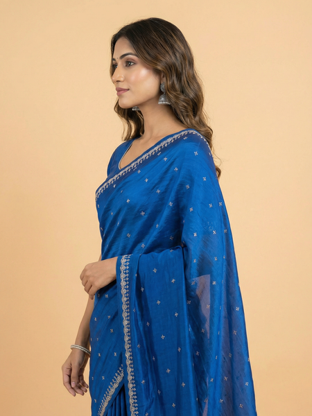 Bold Blue Crepe Silk Saree With Stone Work