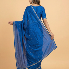 Bold Blue Crepe Silk Saree With Stone Work