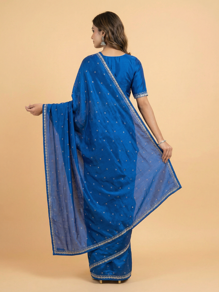 Bold Blue Crepe Silk Saree With Stone Work