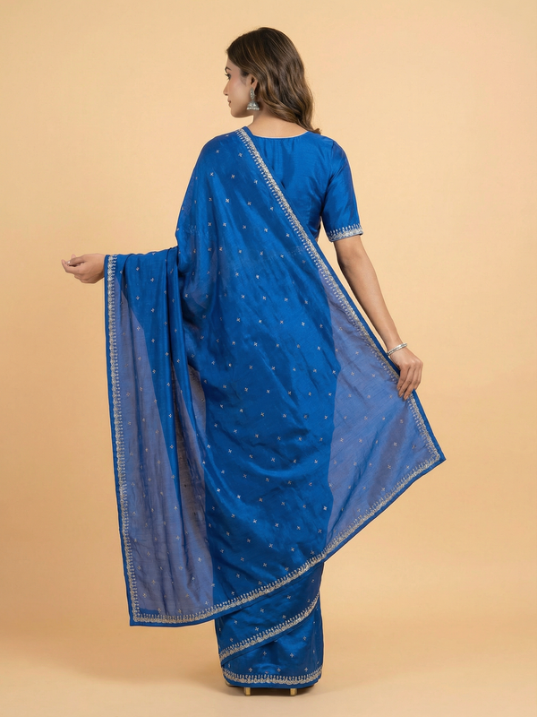 Bold Blue Crepe Silk Saree With Stone Work