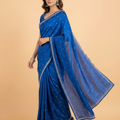 Bold Blue Crepe Silk Saree With Stone Work
