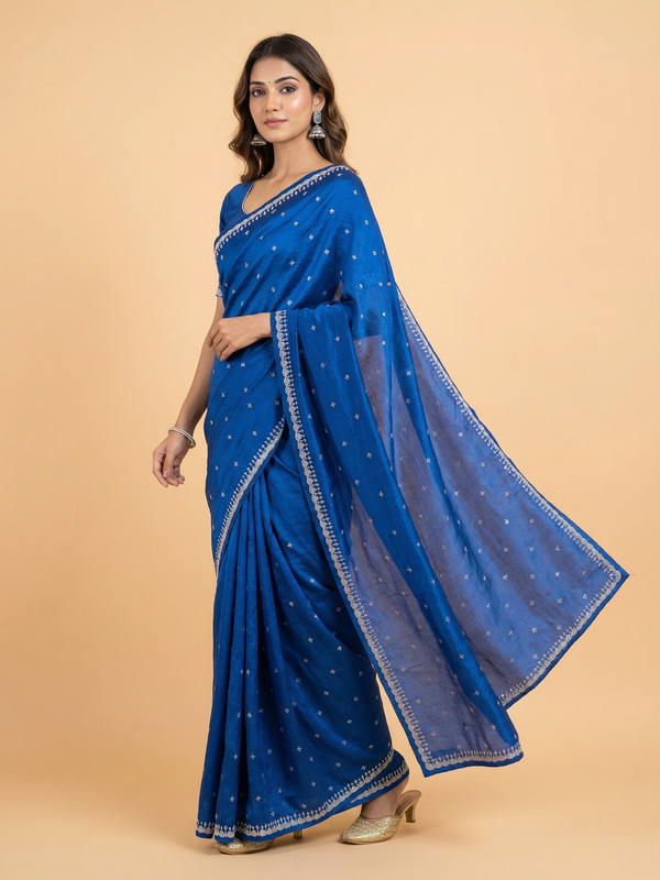 Bold Blue Crepe Silk Saree With Stone Work