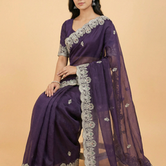 Trendy Beaded Border Designer Purple Saree