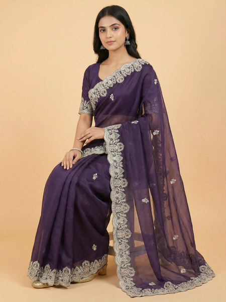 Trendy Beaded Border Designer Purple Saree