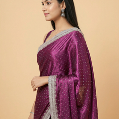 Designer Purple Satin Silk Saree With Stone Work