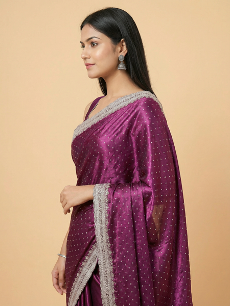 Designer Purple Satin Silk Saree With Stone Work