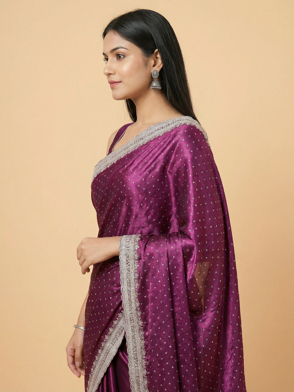 Designer Purple Satin Silk Saree With Stone Work