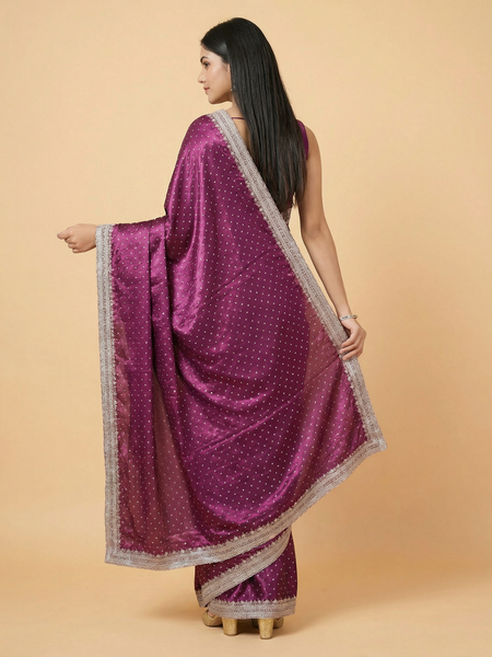 Designer Purple Satin Silk Saree With Stone Work