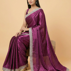 Designer Purple Satin Silk Saree With Stone Work