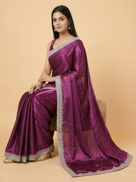 Designer Purple Satin Silk Saree With Stone Work