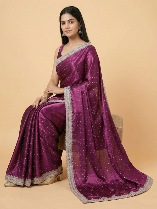 Designer Purple Satin Silk Saree With Stone Work