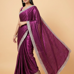 Designer Purple Satin Silk Saree With Stone Work