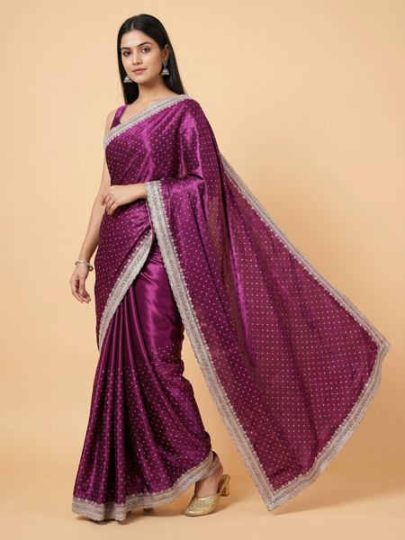 Designer Purple Satin Silk Saree With Stone Work