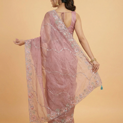 Baby Pink Hand Work Border Crush Organza Designer Saree With Contrast Brocade Blouse