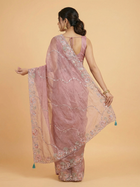 Baby Pink Hand Work Border Crush Organza Designer Saree With Contrast Brocade Blouse