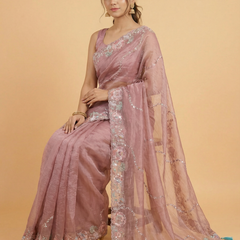 Baby Pink Hand Work Border Crush Organza Designer Saree With Contrast Brocade Blouse