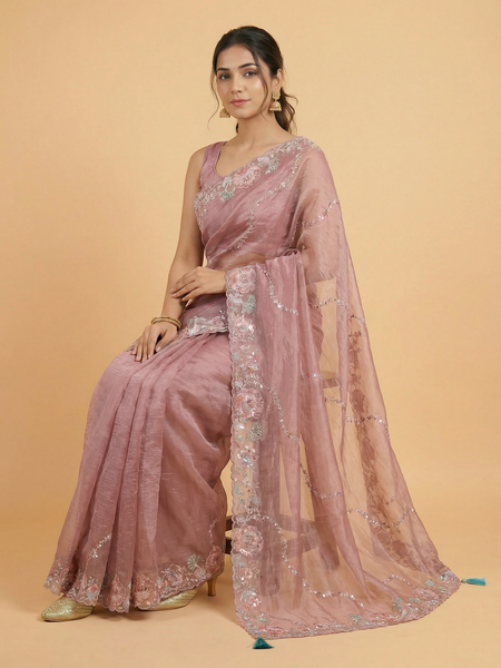 Baby Pink Hand Work Border Crush Organza Designer Saree With Contrast Brocade Blouse