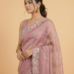 Baby Pink Hand Work Border Crush Organza Designer Saree With Contrast Brocade Blouse