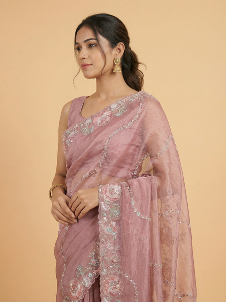 Baby Pink Hand Work Border Crush Organza Designer Saree With Contrast Brocade Blouse