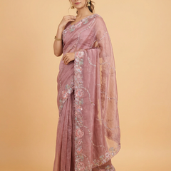 Baby Pink Hand Work Border Crush Organza Designer Saree With Contrast Brocade Blouse