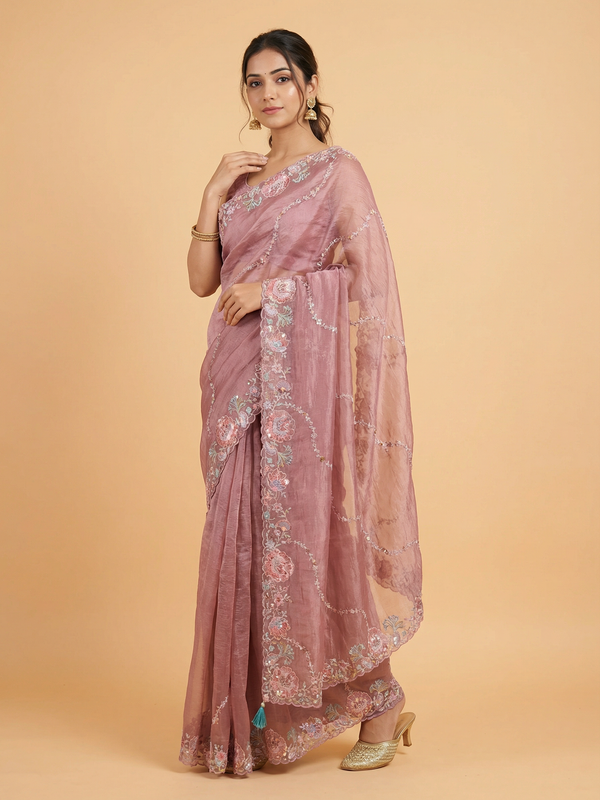 Baby Pink Hand Work Border Crush Organza Designer Saree With Contrast Brocade Blouse