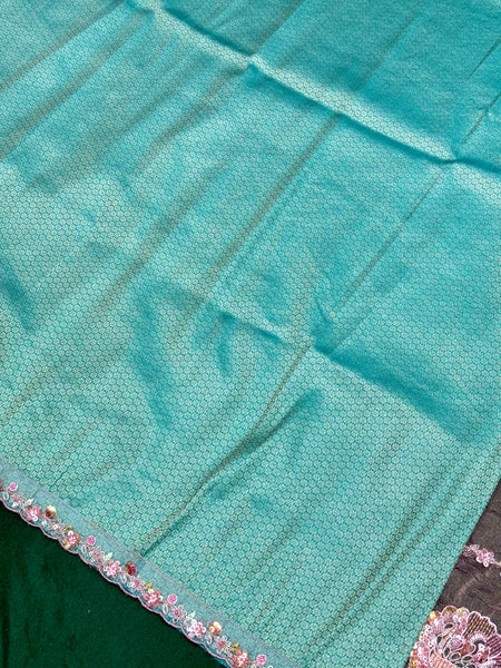 Baby Pink Hand Work Border Crush Organza Designer Saree With Contrast Brocade Blouse