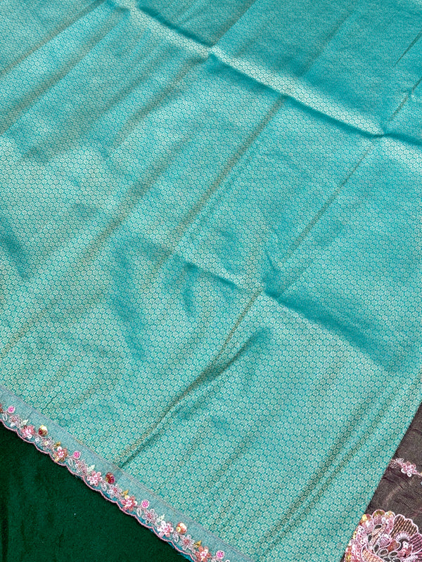 Baby Pink Hand Work Border Crush Organza Designer Saree With Contrast Brocade Blouse