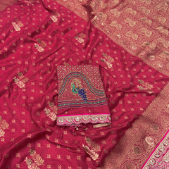 Dola Silk Trending Carrot Pink Cut Border & Aari Work Blouse Saree