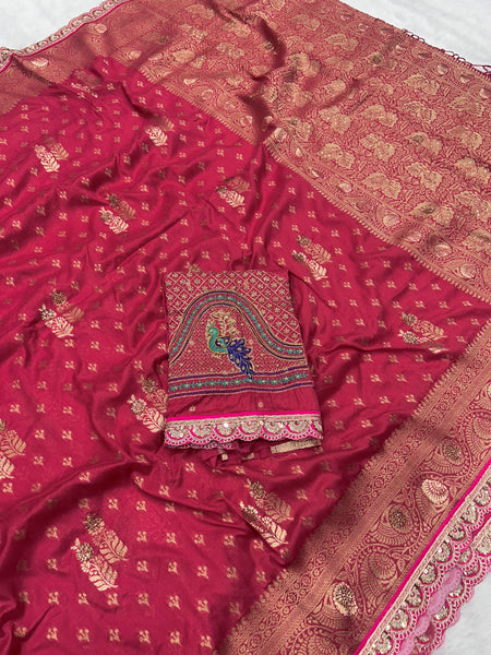 Dola Silk Trending Carrot Pink Cut Border & Aari Work Blouse Saree