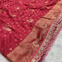 Dola Silk Trending Carrot Pink Cut Border & Aari Work Blouse Saree