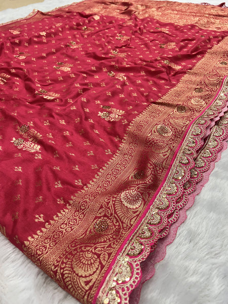 Dola Silk Trending Carrot Pink Cut Border & Aari Work Blouse Saree