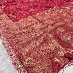 Dola Silk Trending Carrot Pink Cut Border & Aari Work Blouse Saree