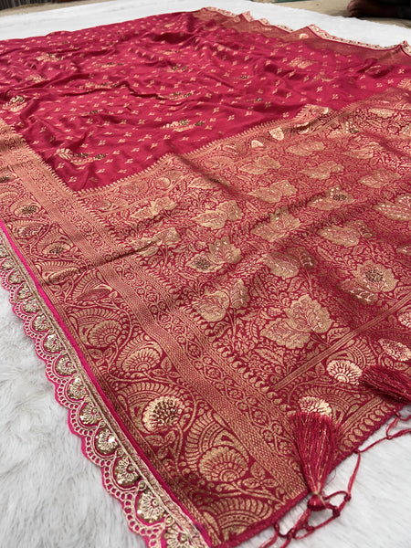 Dola Silk Trending Carrot Pink Cut Border & Aari Work Blouse Saree