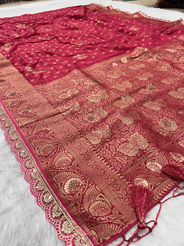 Dola Silk Trending Carrot Pink Cut Border & Aari Work Blouse Saree