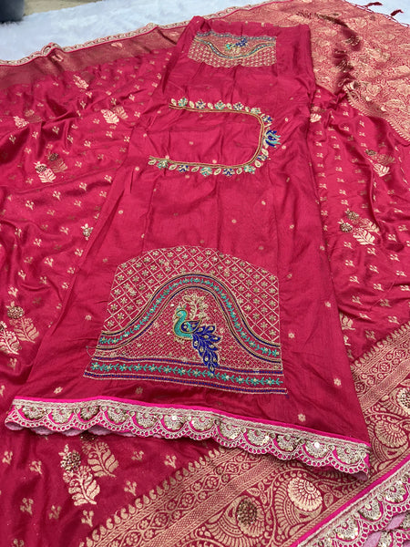 Dola Silk Trending Carrot Pink Cut Border & Aari Work Blouse Saree