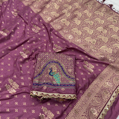 Dola Silk Trending Dusty Purple Cut Border & Aari Work Blouse Saree