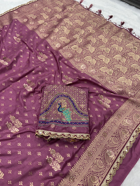 Dola Silk Trending Dusty Purple Cut Border & Aari Work Blouse Saree