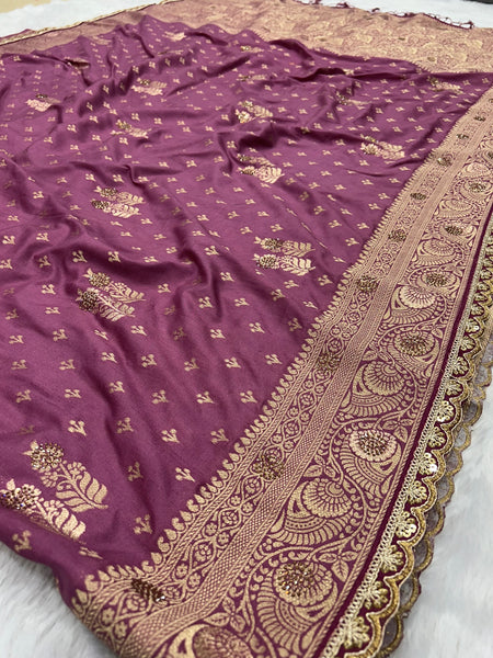 Dola Silk Trending Dusty Purple Cut Border & Aari Work Blouse Saree