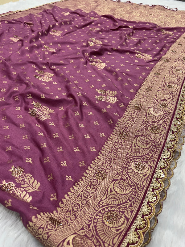 Dola Silk Trending Dusty Purple Cut Border & Aari Work Blouse Saree