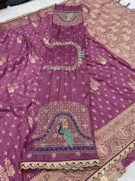 Dola Silk Trending Dusty Purple Cut Border & Aari Work Blouse Saree