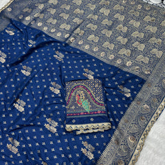 Dola Silk Trending Blue Cut Border & Aari Work Blouse Saree
