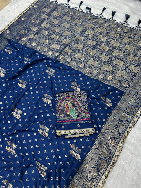 Dola Silk Trending Blue Cut Border & Aari Work Blouse Saree