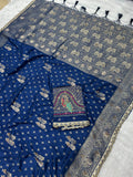 Dola Silk Trending Blue Cut Border & Aari Work Blouse Saree