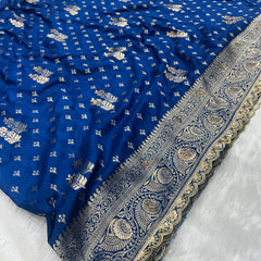 Dola Silk Trending Blue Cut Border & Aari Work Blouse Saree