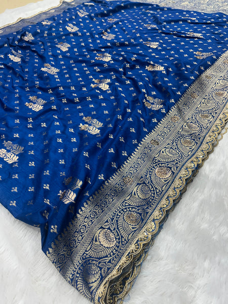 Dola Silk Trending Blue Cut Border & Aari Work Blouse Saree